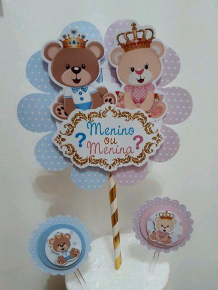 Kit Topo de Bolo + Topper Doces Ursinho Chá Revelação