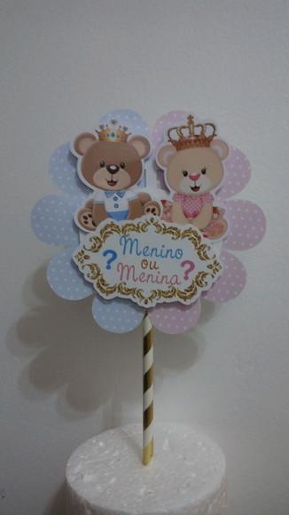 Kit Topo de Bolo + Topper Doces Ursinho Chá Revelação