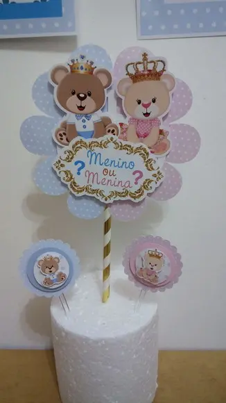 Kit Topo de Bolo + Topper Doces Ursinho Chá Revelação