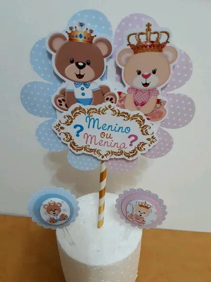 Kit Topo de Bolo + Topper Doces Ursinho Chá Revelação