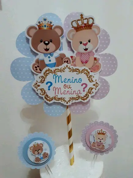 Kit Topo de Bolo + Topper Doces Ursinho Chá Revelação