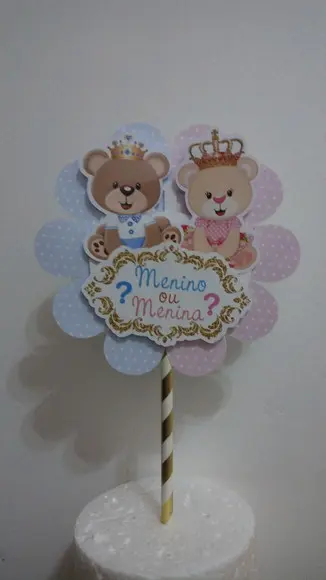 Kit Topo de Bolo + Topper Doces Ursinho Chá Revelação