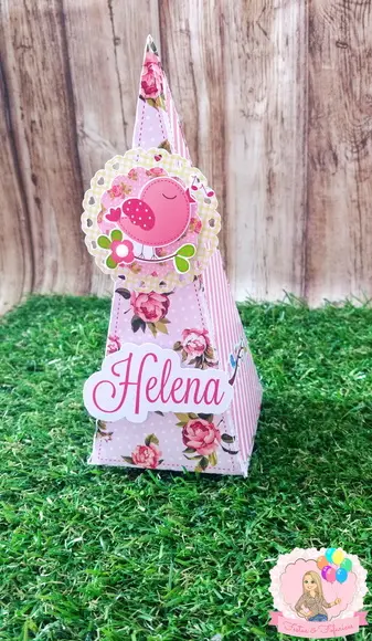 Caixa Cone Pirâmide Jardim Floral Passarinhos