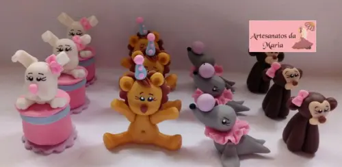 Aplique Animais do Circo Rosa de Biscuit