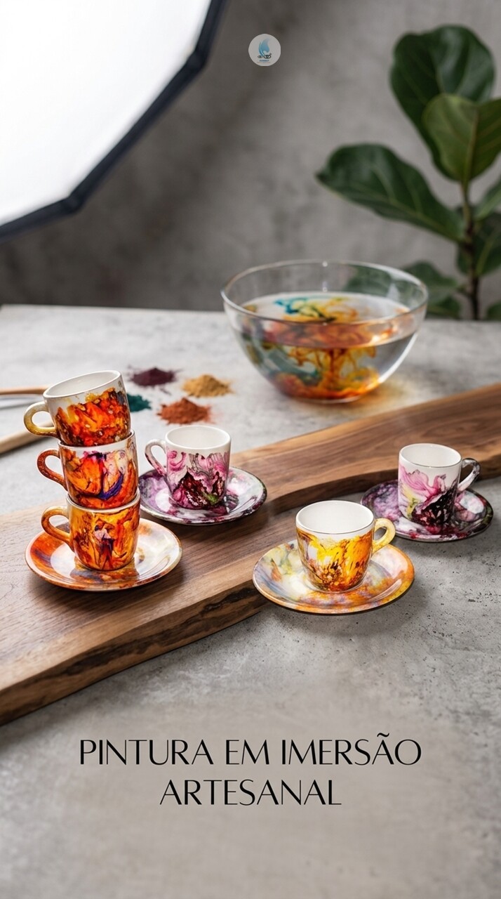 Xícaras de Porcelana 80ml com Pires e Pintura em Imersão