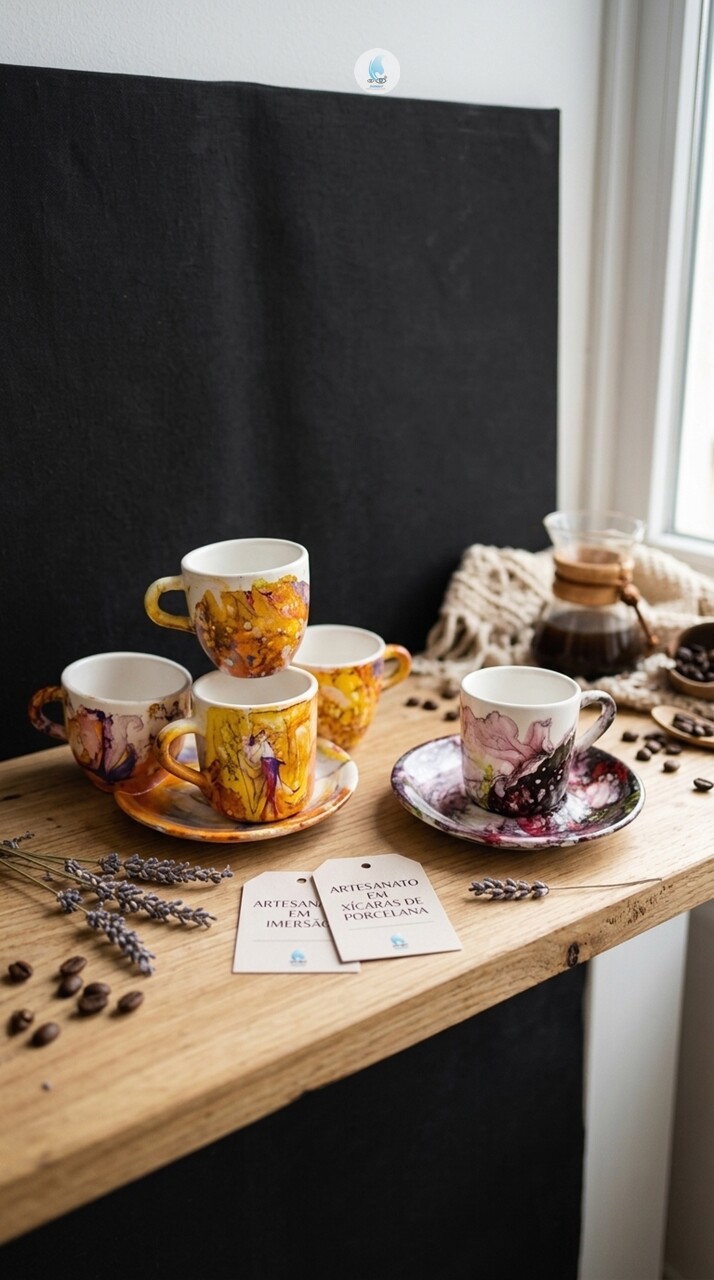 Xícaras de Porcelana 80ml com Pires e Pintura em Imersão