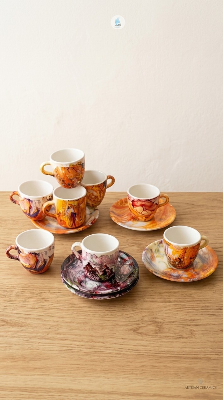 Xícaras de Porcelana 80ml com Pires e Pintura em Imersão