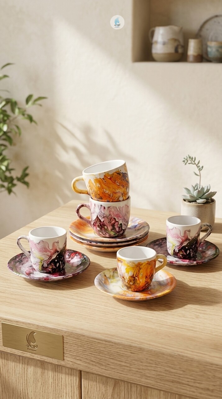 Xícaras de Porcelana 80ml com Pires e Pintura em Imersão