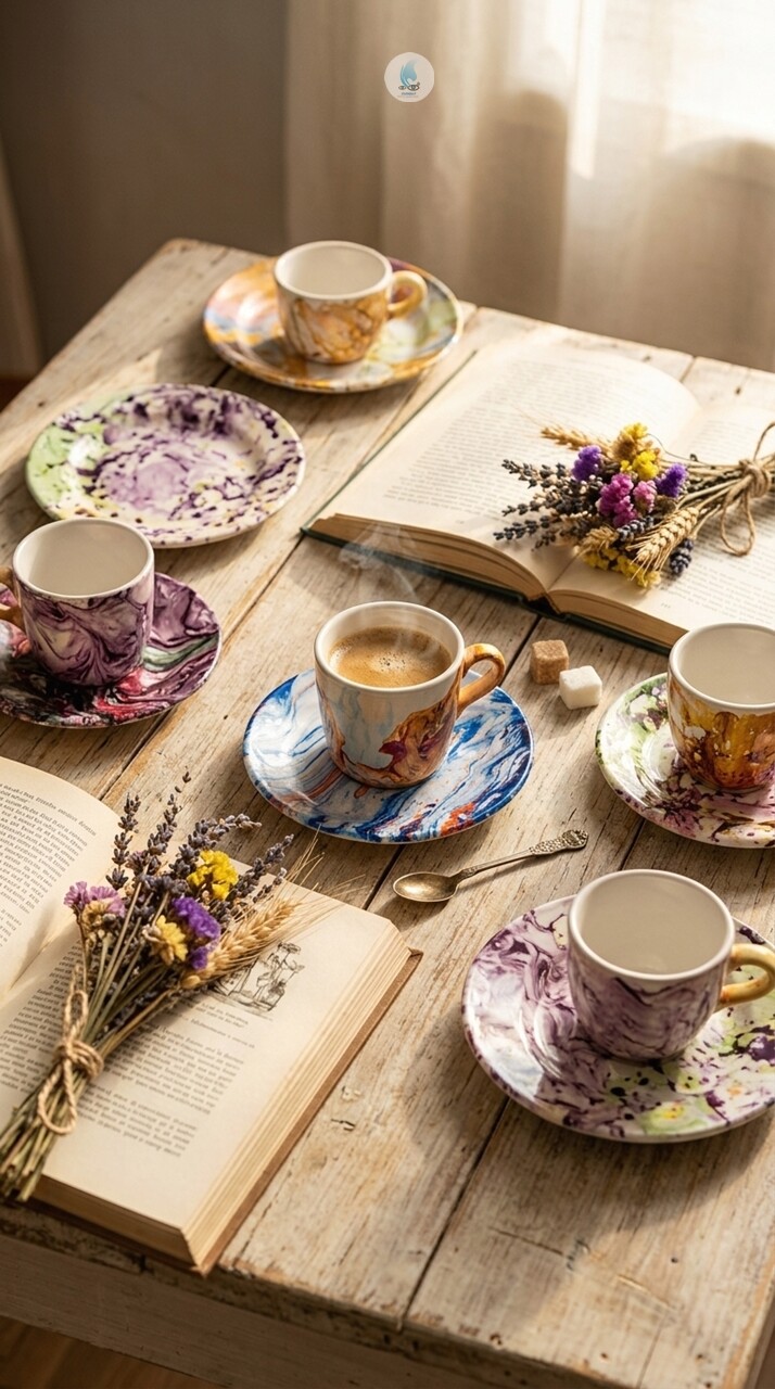 Xícaras de Porcelana 80ml com Pires e Pintura em Imersão