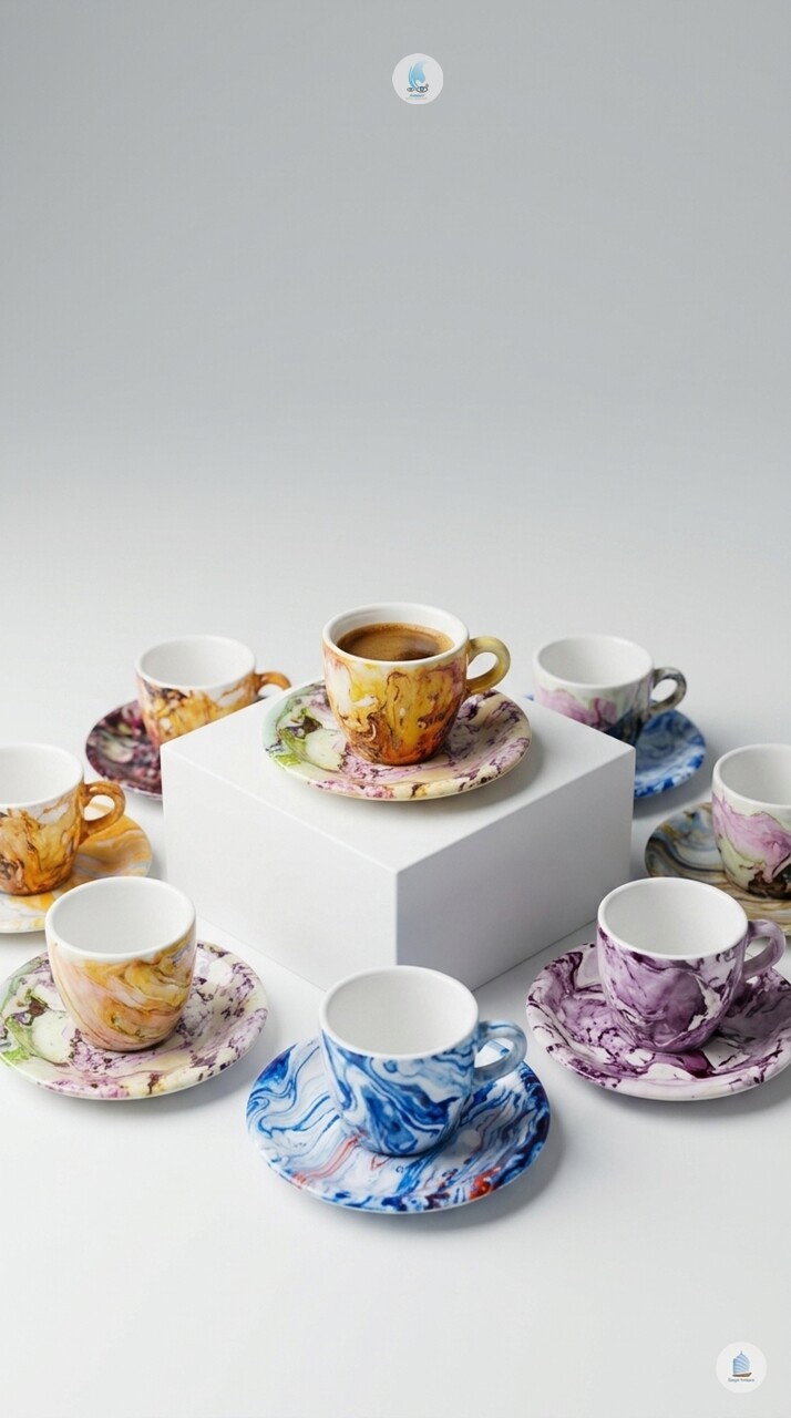 Xícaras de Porcelana 80ml com Pires e Pintura em Imersão