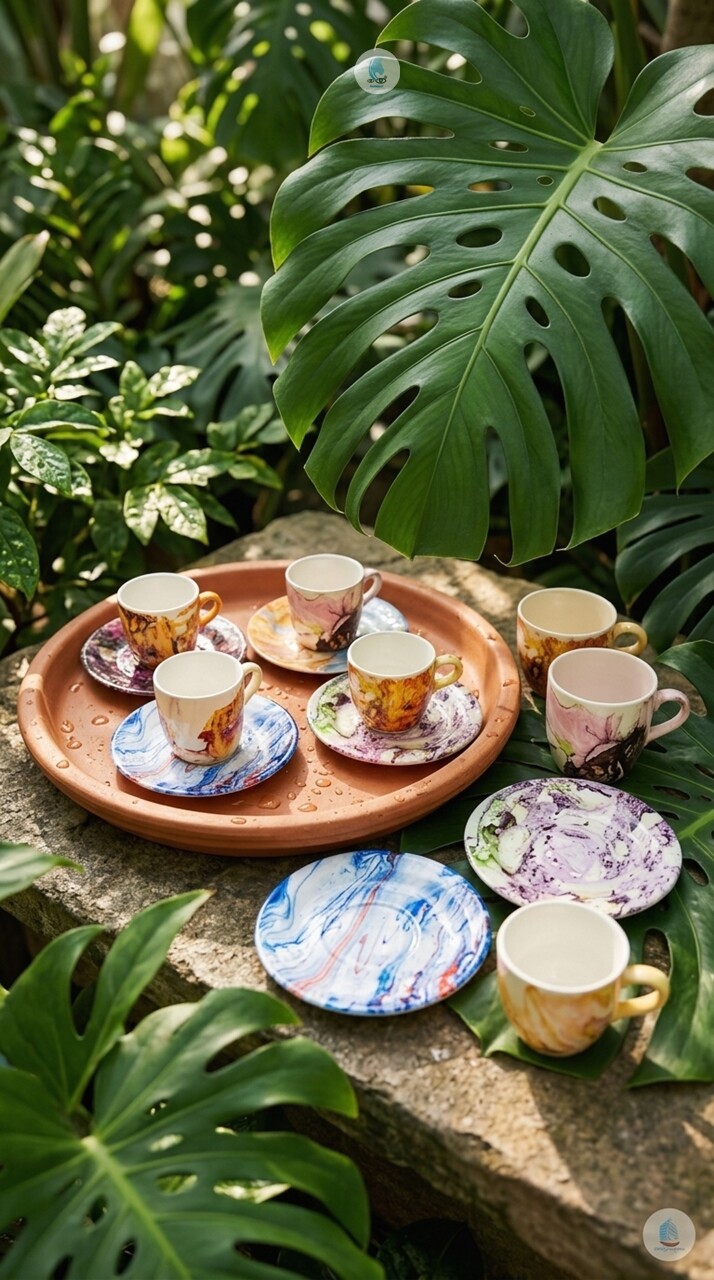 Xícaras de Porcelana 80ml com Pires e Pintura em Imersão