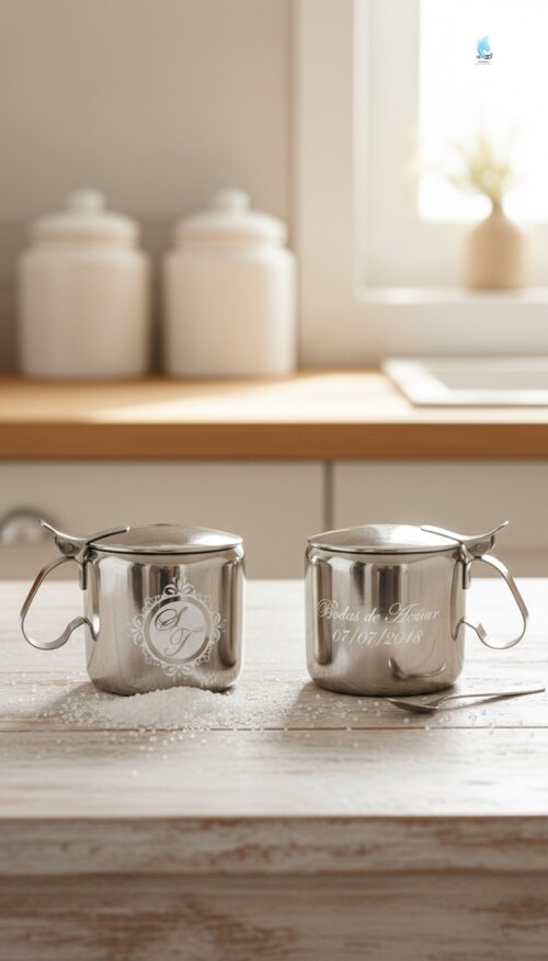Açucareiro e Colher de Inox Personalizado com Jato de Areia