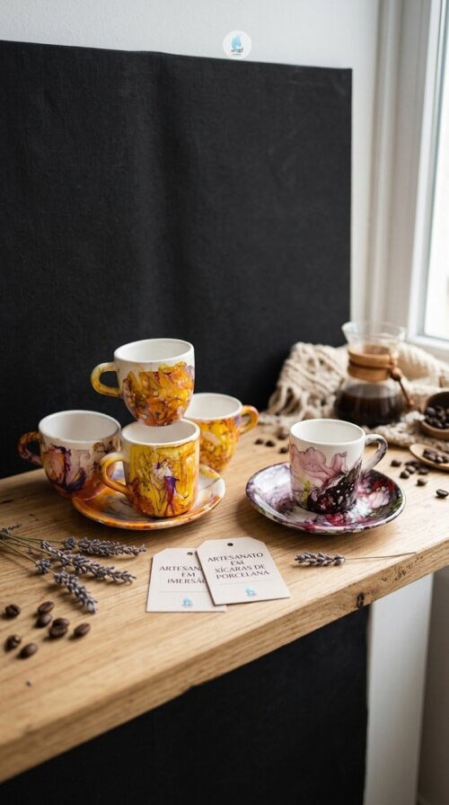 Xícaras de Porcelana 80ml com Pires e Pintura em Imersão