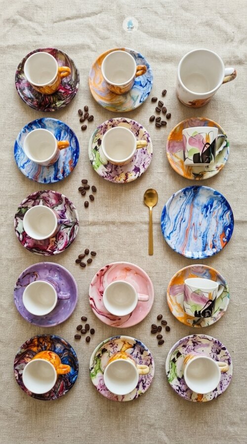 Xícaras de Porcelana 80ml com Pires e Pintura em Imersão
