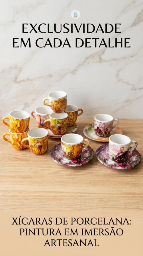 Xícaras de Porcelana 80ml com Pires e Pintura em Imersão