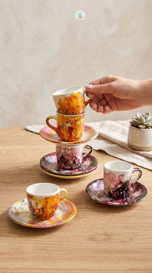 Xícaras de Porcelana 80ml com Pires e Pintura em Imersão