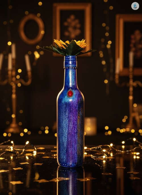 Garrafa de Vidro com Girassol e Decorada com Giz de Cera