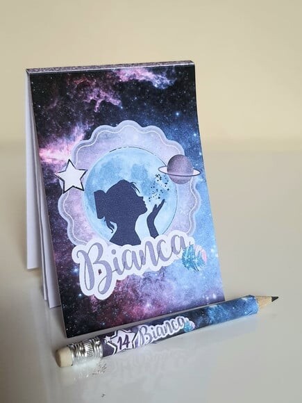 Kit Bloquinho com Mini Lápis Personalizado Galáxia