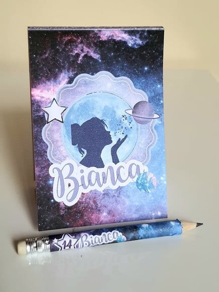 Kit Bloquinho com Mini Lápis Personalizado Galáxia