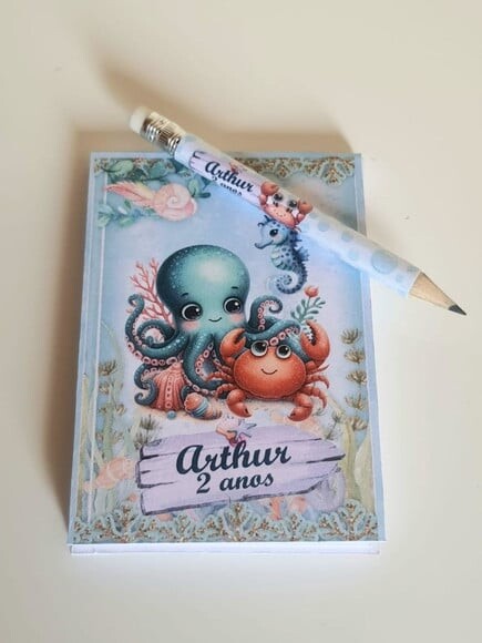 Kit Bloquinho com Mini Lápis Personalizado Fundo do Mar Azul