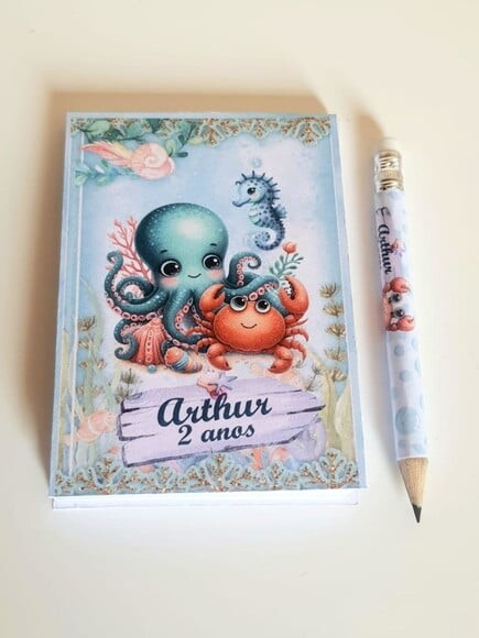 Kit Bloquinho com Mini Lápis Personalizado Fundo do Mar Azul