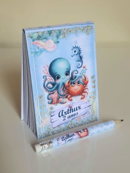 Kit Bloquinho com Mini Lápis Personalizado Fundo do Mar Azul