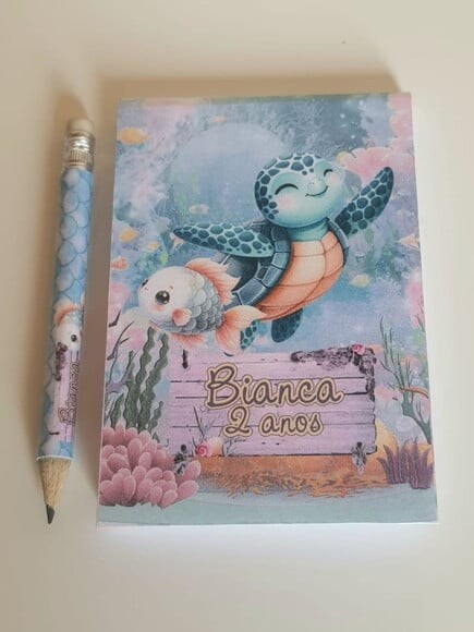 Kit Bloquinho com Mini Lápis Personalizado Fundo do Mar Lilá