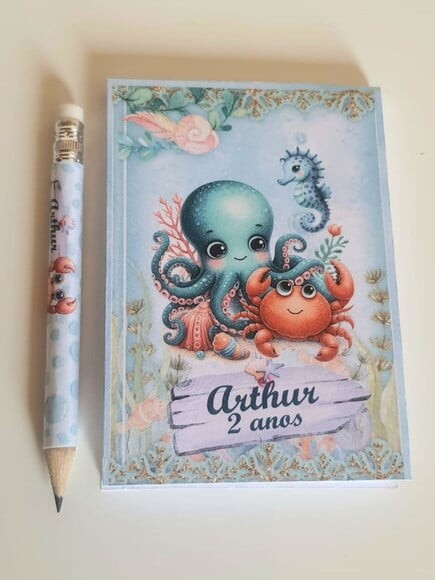 Kit Bloquinho com Mini Lápis Personalizado Fundo do Mar Azul