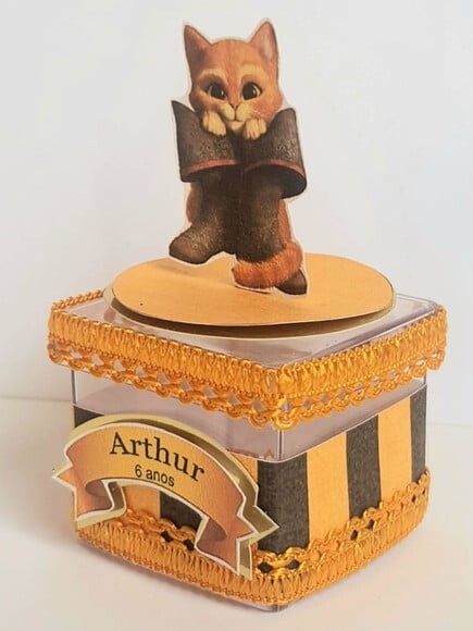 Caixinha Acrílica Lembrancinha de Festa Gato de Botas