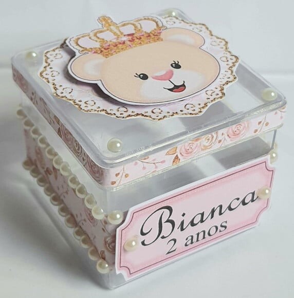 Caixa Acrílico Personalizada Ursa Princesa Rosa
