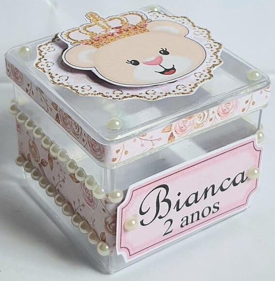 Caixa Acrílico Personalizada Ursa Princesa Rosa