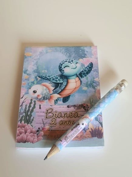 Kit Bloquinho com Mini Lápis Personalizado Fundo do Mar Lilá