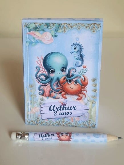Kit Bloquinho com Mini Lápis Personalizado Fundo do Mar Azul