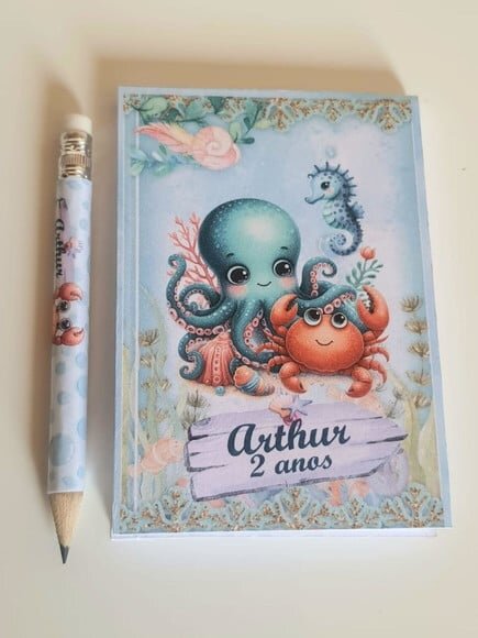 Kit Bloquinho com Mini Lápis Personalizado Fundo do Mar Azul