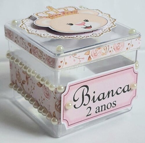 Caixa Acrílico Personalizada Ursa Princesa Rosa