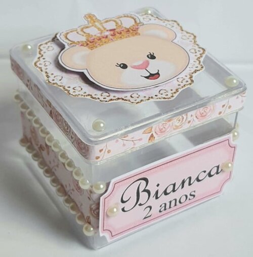 Caixa Acrílico Personalizada Ursa Princesa Rosa
