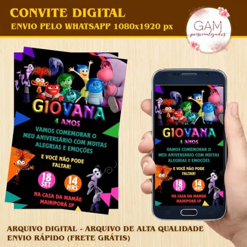 Convite Arte Digital Peronsalizado Divertida Mente 2