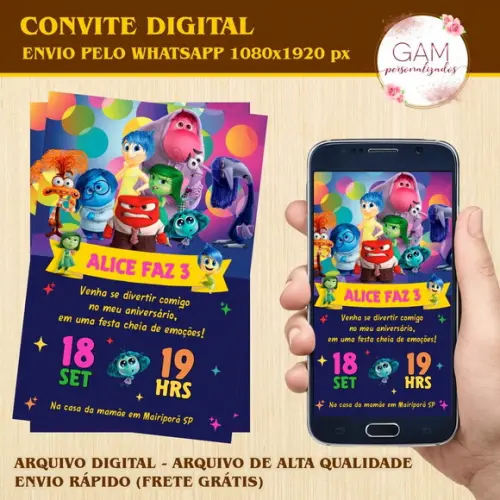 Convite Arte Digital Peronsalizado Divertida Mente 2