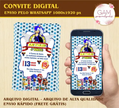 Convite Arte Digital Peronsalizado Sonic