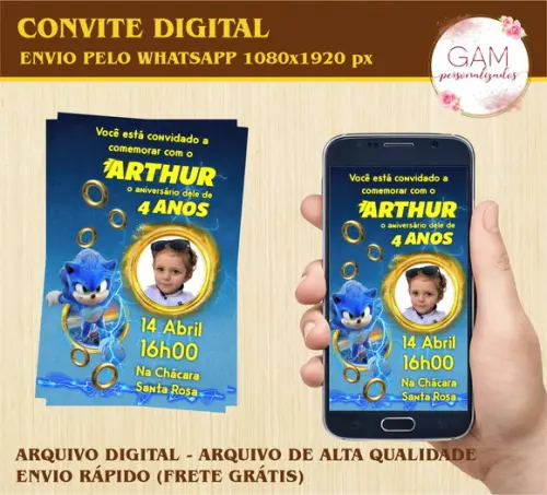 Convite Arte Digital Peronsalizado Sonic