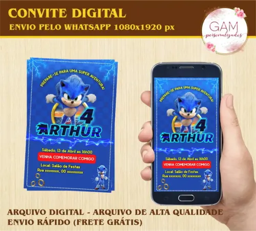 Convite Arte Digital Peronsalizado Sonic