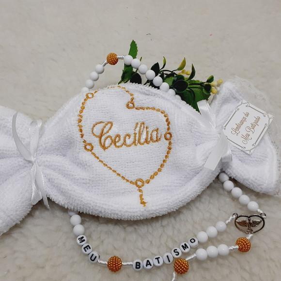 15 Lembrancinha Batizado Personalizada Terço Toalha Bordada