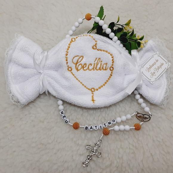 15 Lembrancinha Batizado Personalizada Terço Toalha Bordada