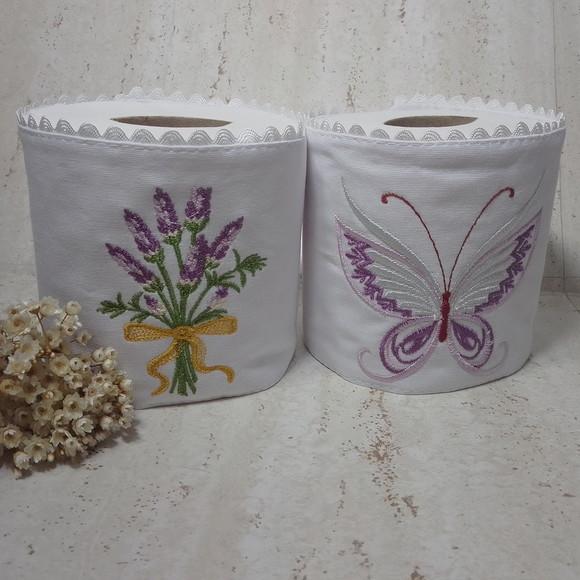 2 Porta Papeis Higiênico Bordado Flor e Borboleta