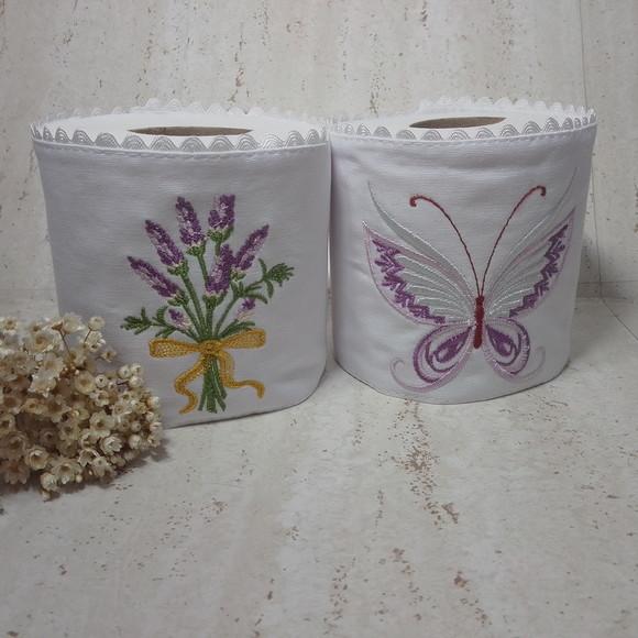 2 Porta Papeis Higiênico Bordado Flor e Borboleta