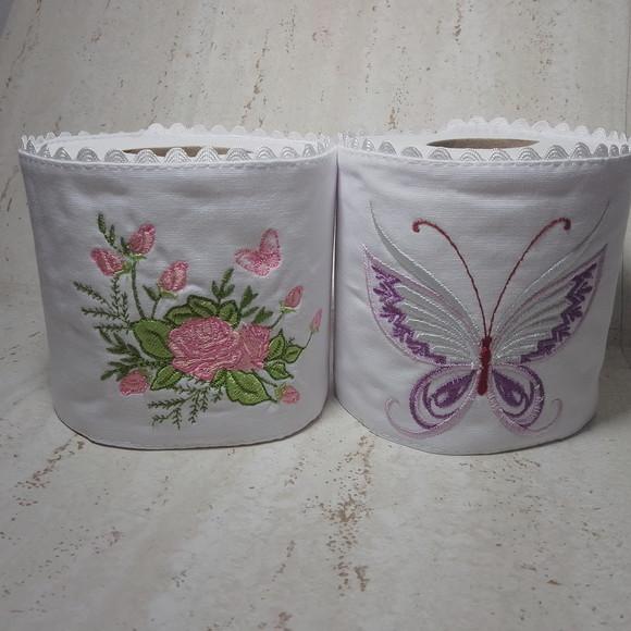 2 Porta Papeis Higiênico Bordado Flor e Borboleta