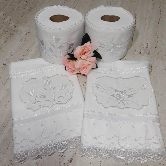 2 Toalhas de Rosto Bordada e 2 Porta Papel Higiênico
