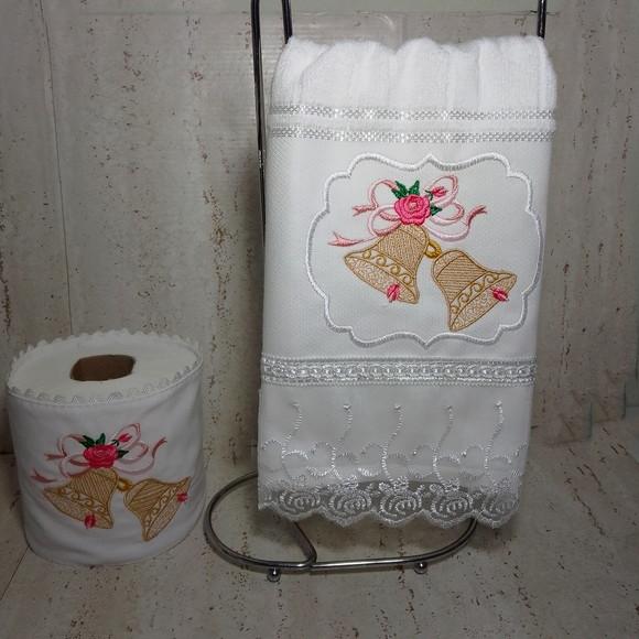 Kit Toalha de Lavabo Bordada e Porta Papel Higiênico