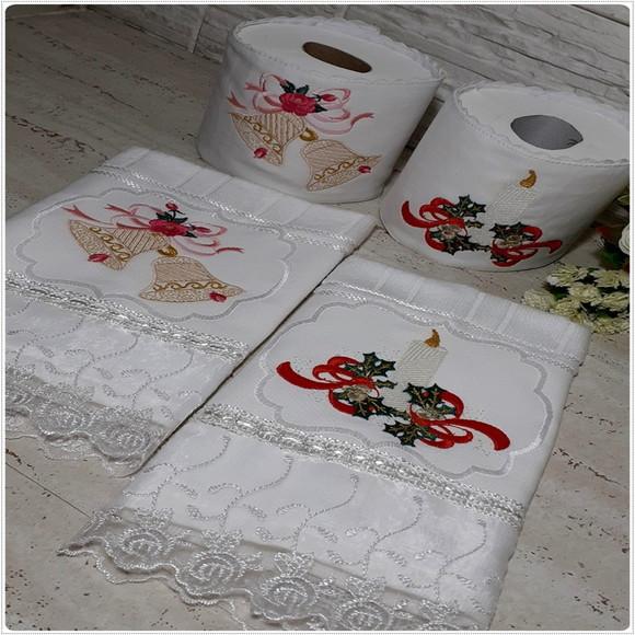 Kit Toalha de Lavabo Bordada e Porta Papel Higiênico Natal
