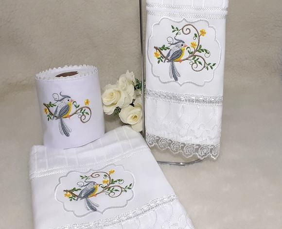 Kit Toalha de Lavabo, Rosto e Porta Papel Higiênico Pássaros